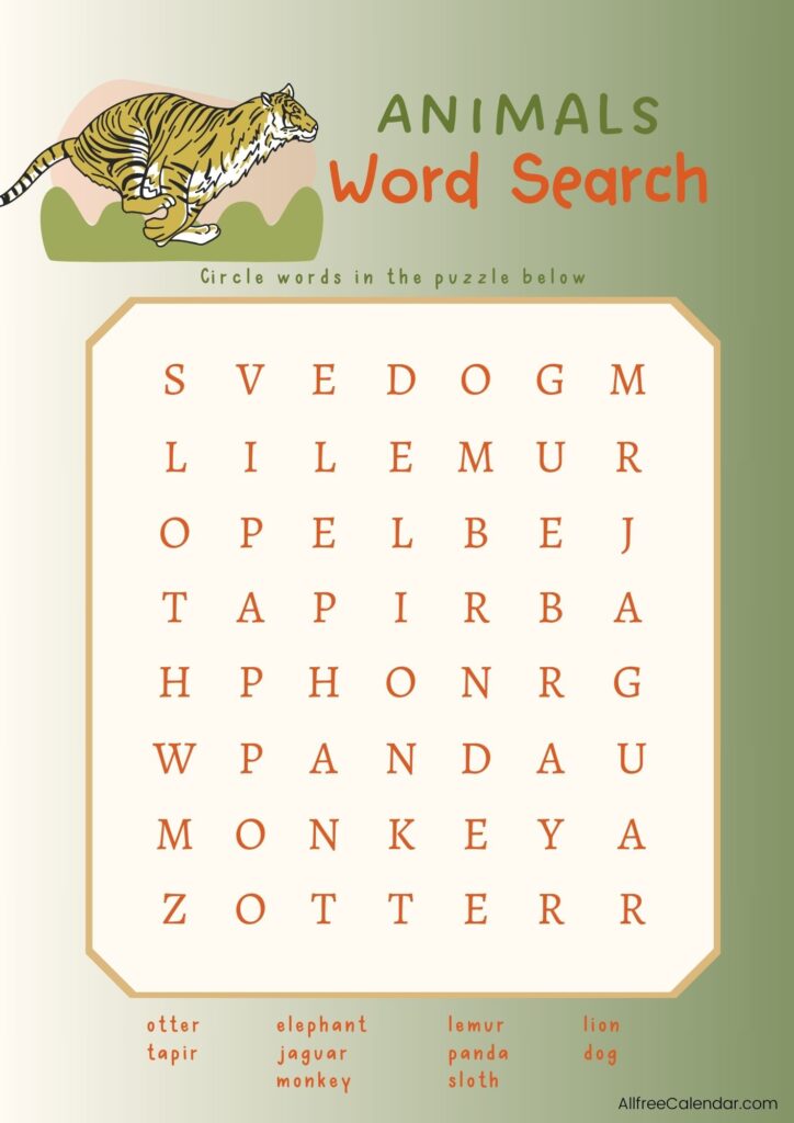 Green Animal Word Search