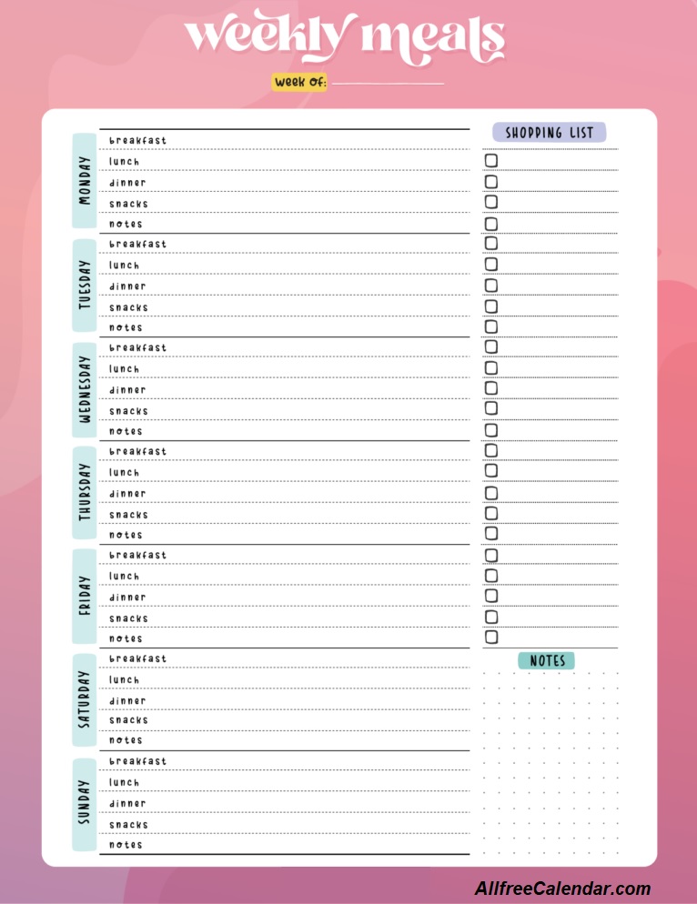 Pink Weekly Meal Planner With Shopping List