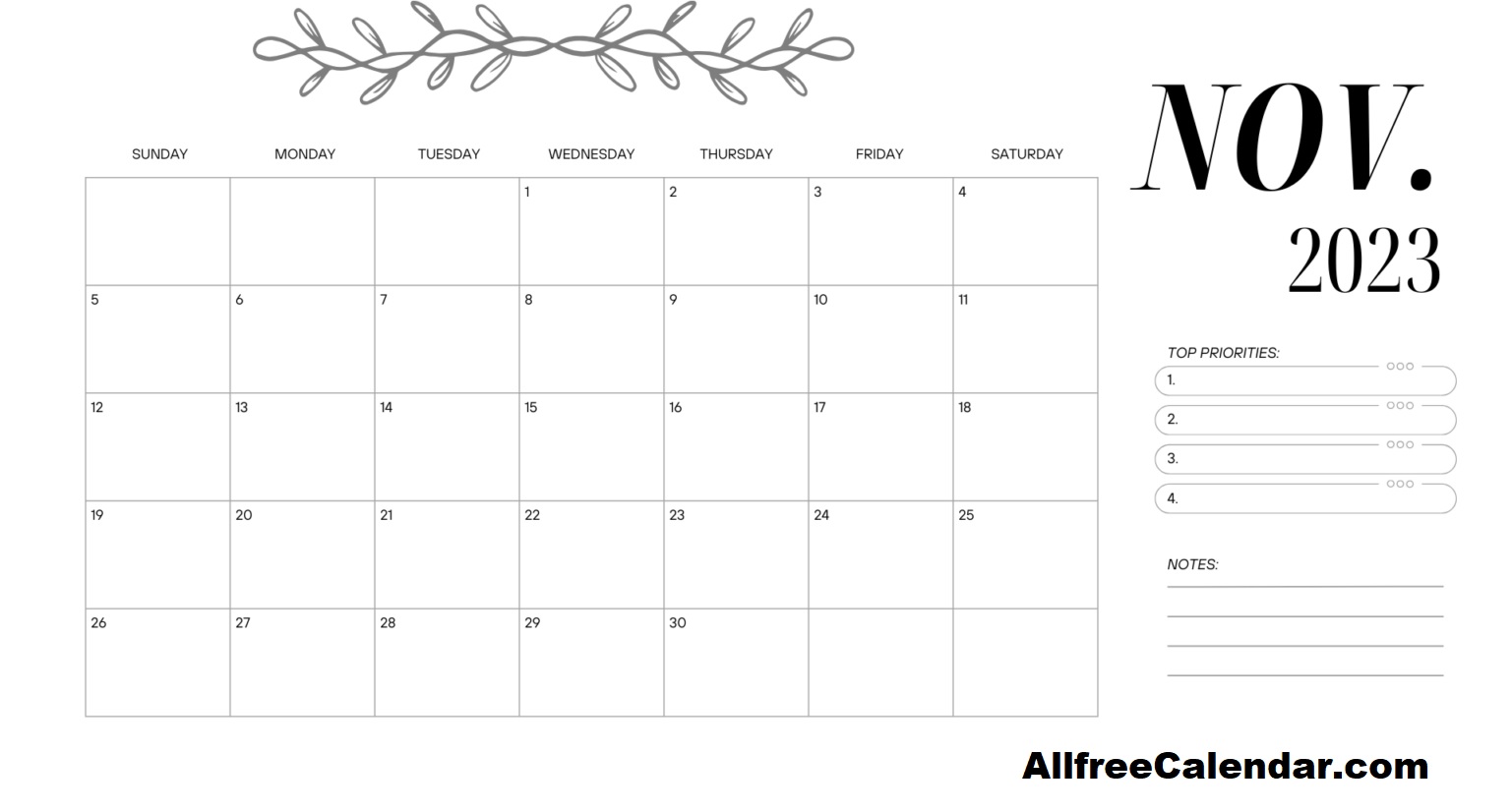 Printable November 2023 Calendar With Notes