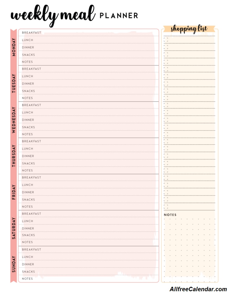 Printable Weekly Meal Planner With Shopping list