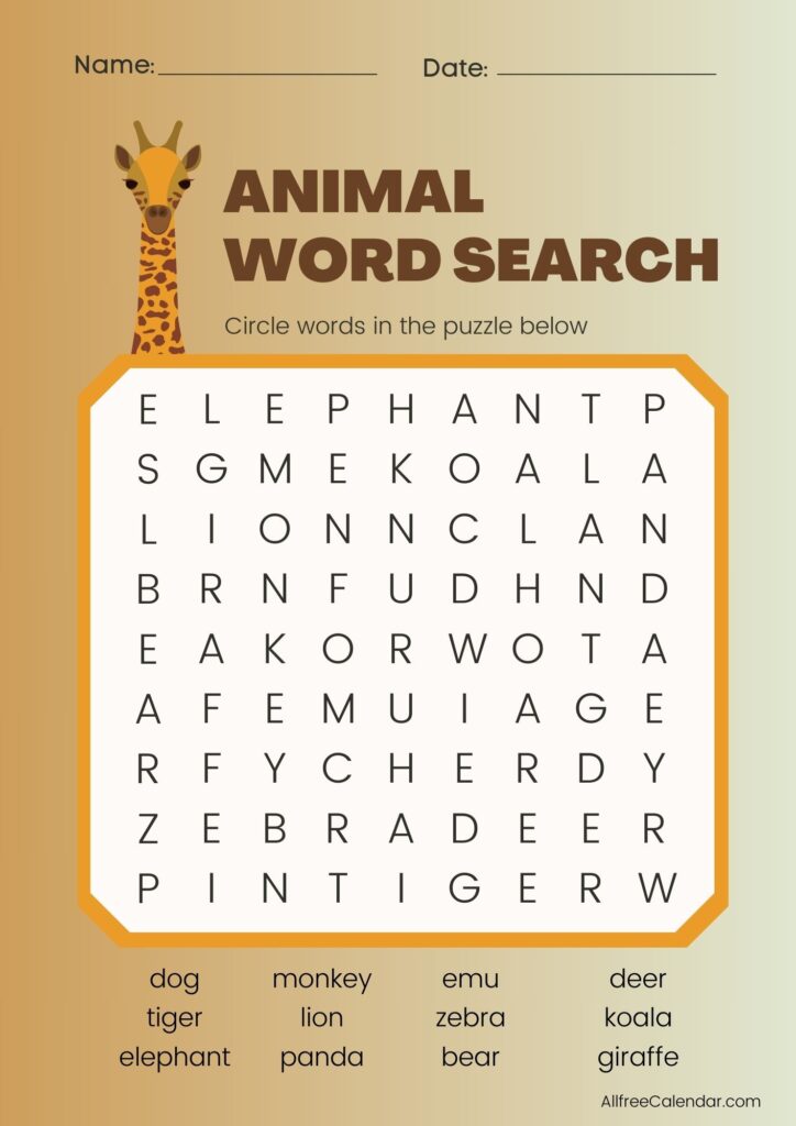 Yellow Animal Word Search