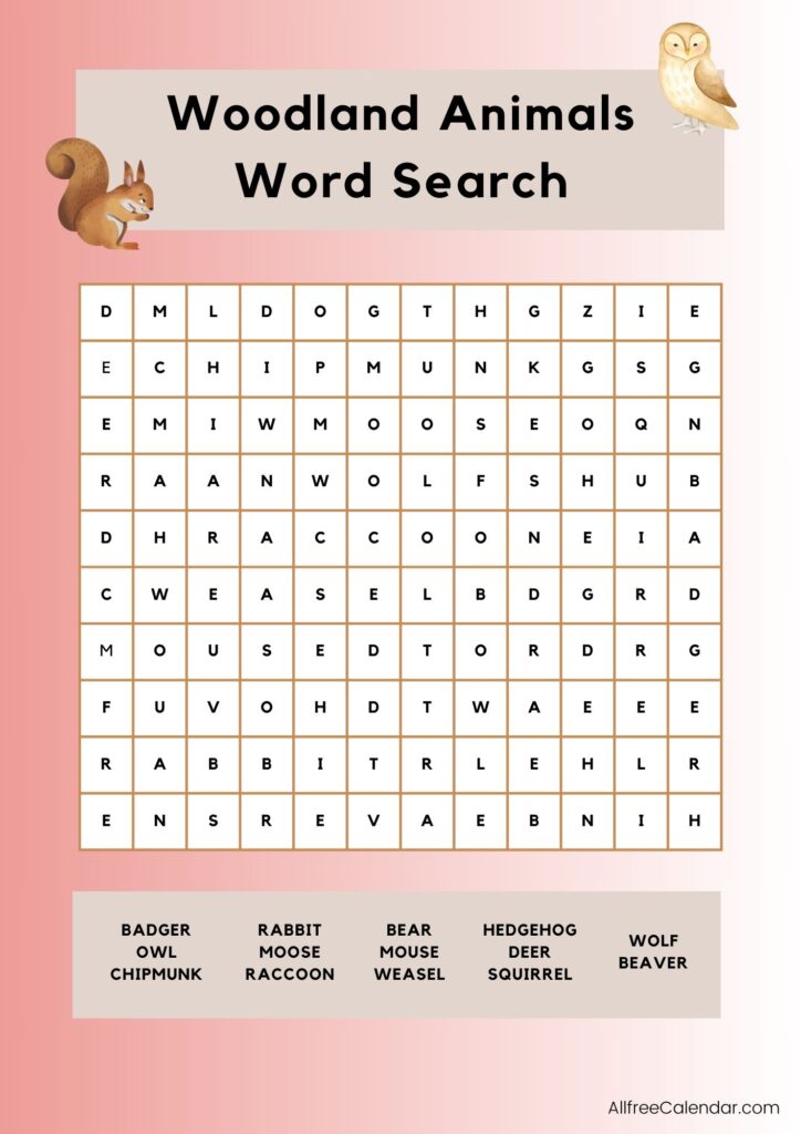 Woodland Animals Word Search