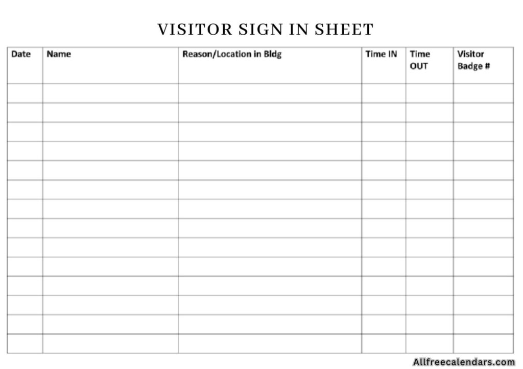 Printable Free Visitor Sign In Sheet
