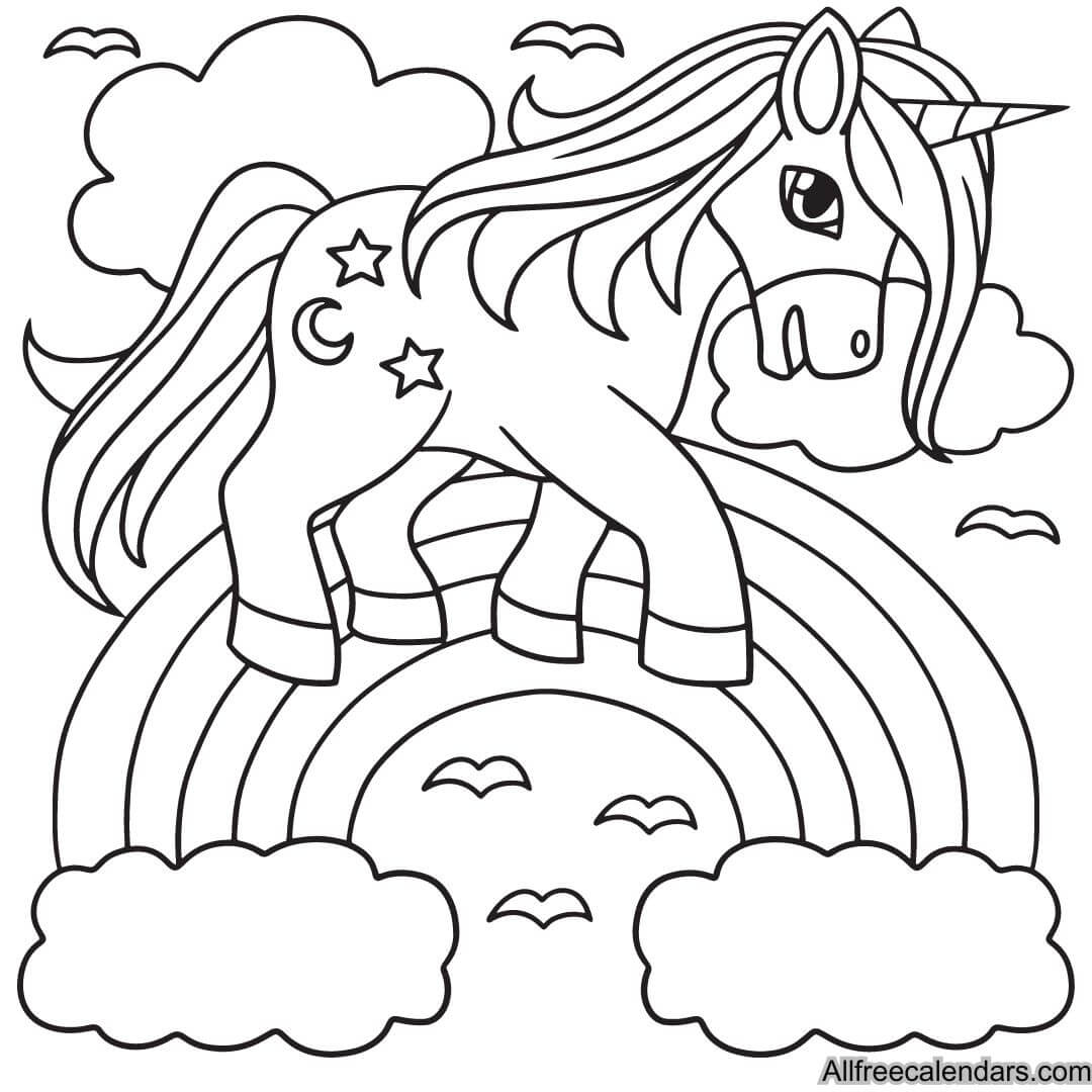 Unicorn on a Rainbow Coloring page