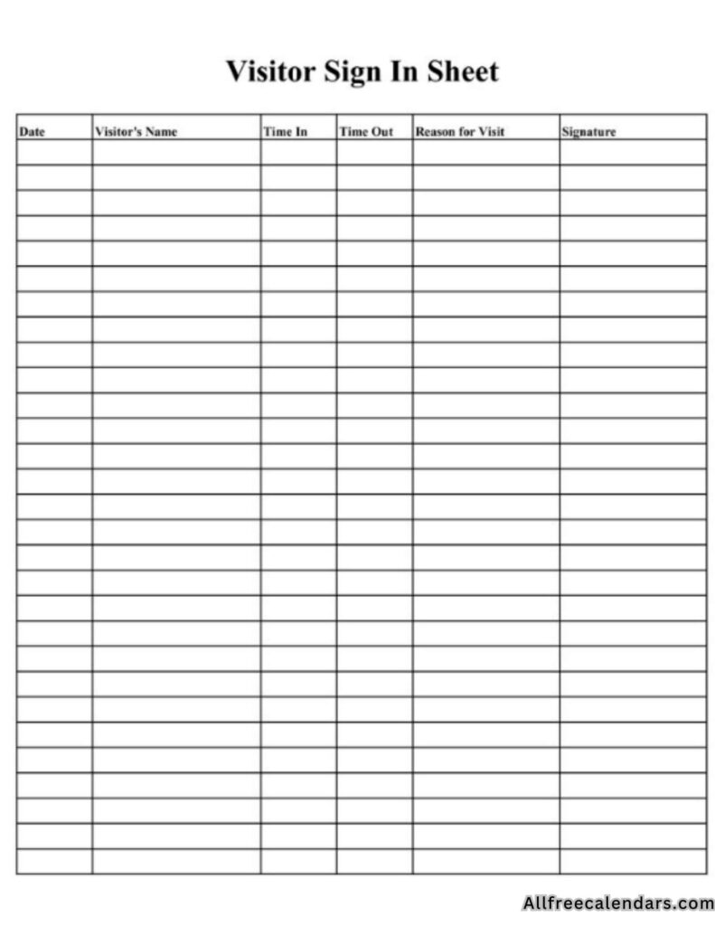 Visitor Sign In Sheet Free Template