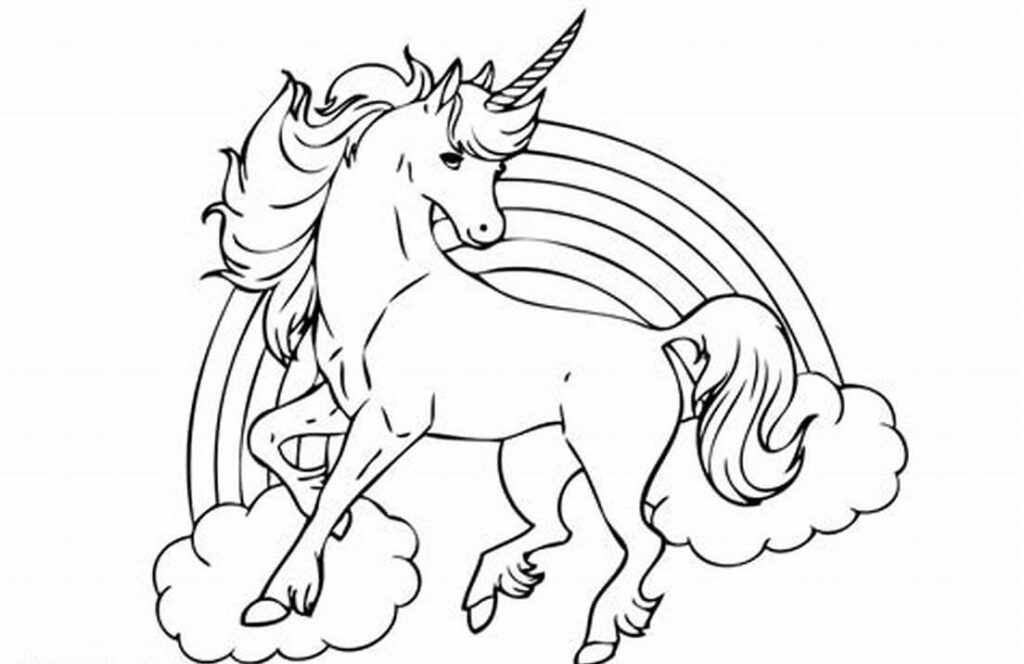 unicorn jumping over a rainbow coloring page 2024