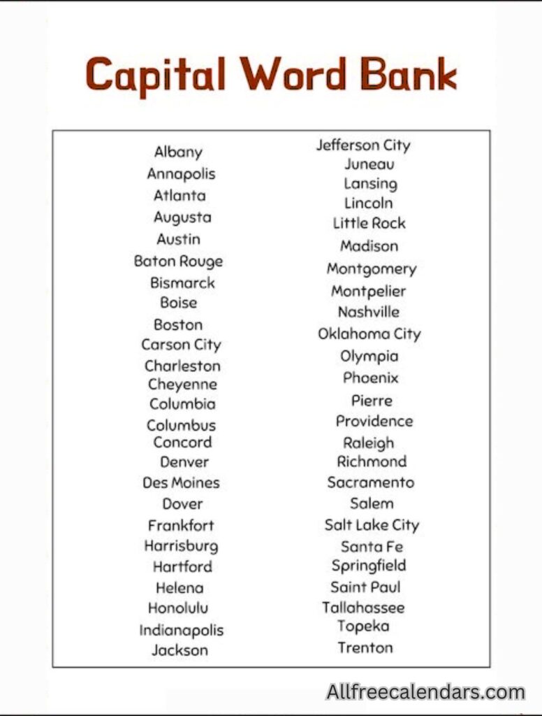 50 States and Capitals Worksheet For Free