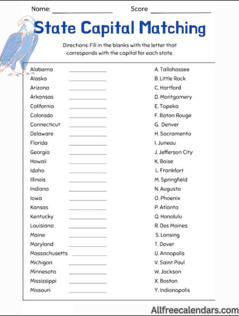 Free Printable States and Capitals Worksheet