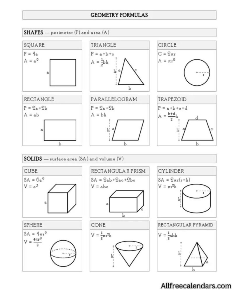 geometry formula sheet grade 9